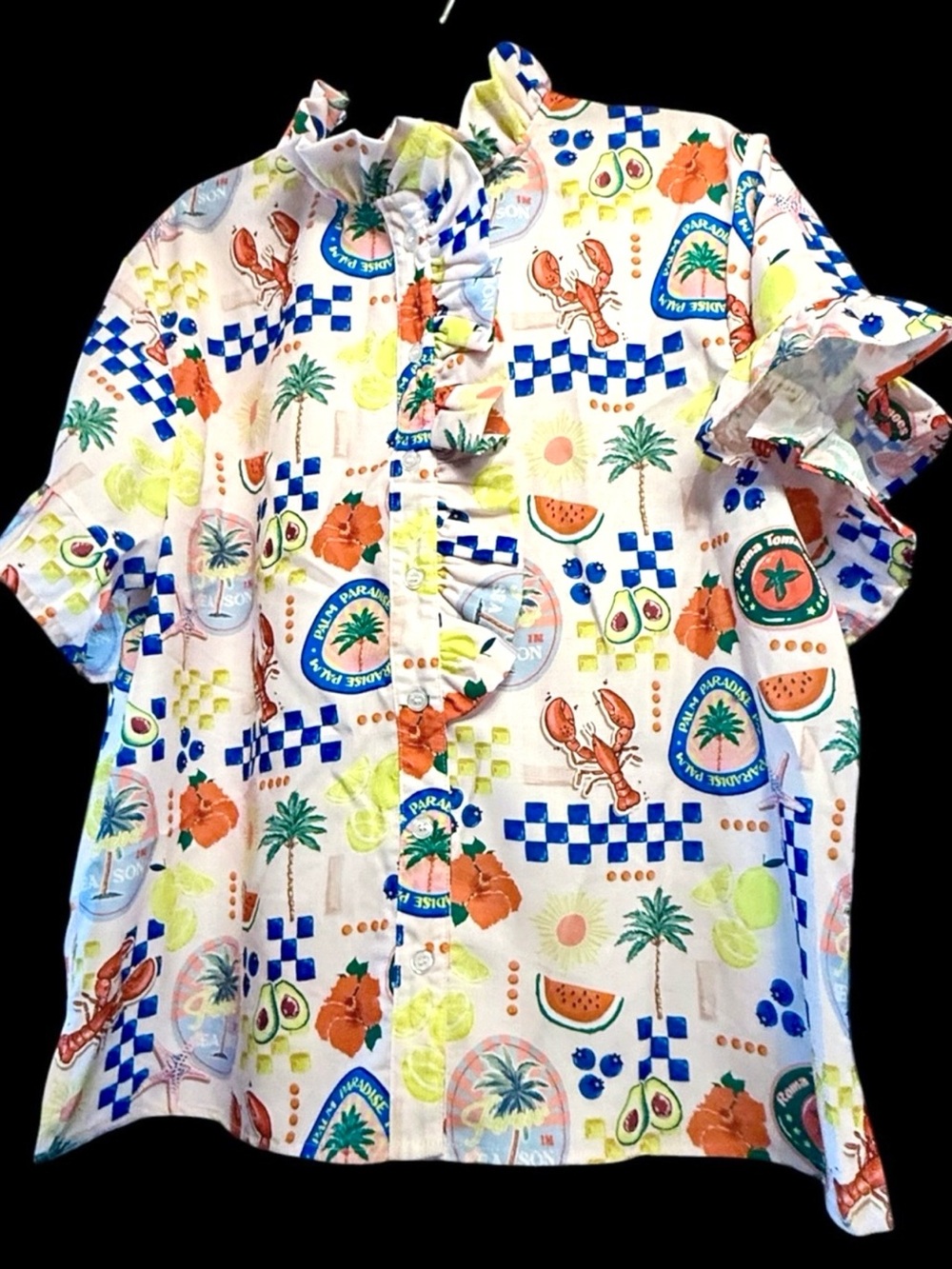 GeeGee Palm Paradise Button Down Ruffle Beach Shirt